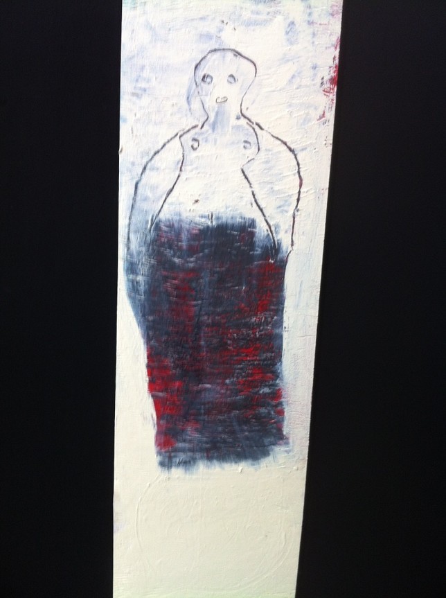 Frau mit Sarong, Bleistift und Acryl auf Spanplatte, 21x73cm